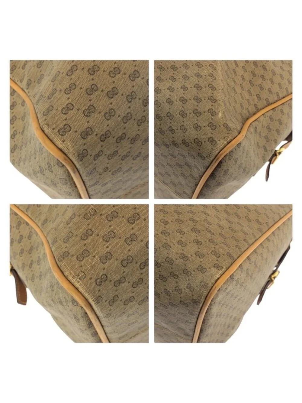 Gucci Vintage Sherry Line Micro GG Beige Gold Leather Boston